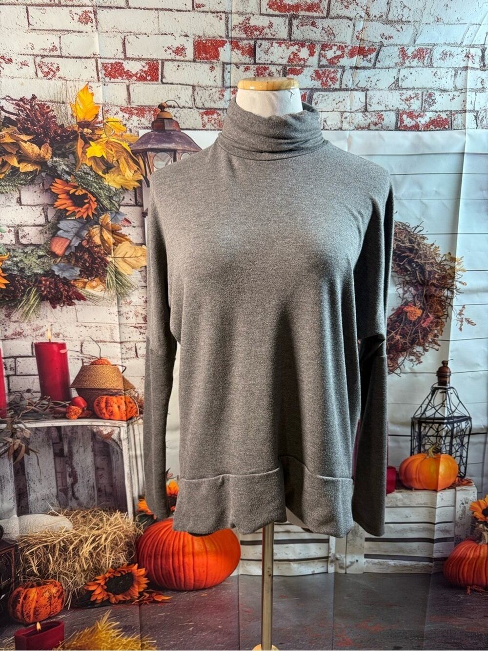 148-Copper Key Metallic Gray Long Sleeve Turtleneck Top Ribbed Fitted
